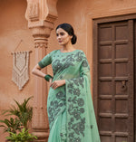 Load image into Gallery viewer, Women's Linen Cotton Printed Saree With Unstitched Blouse 5.5Mtr (Rama Green)