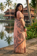 Load image into Gallery viewer, Women's Linen Cotton Printed Saree With Unstitched Blouse 5.5Mtr (Orange)