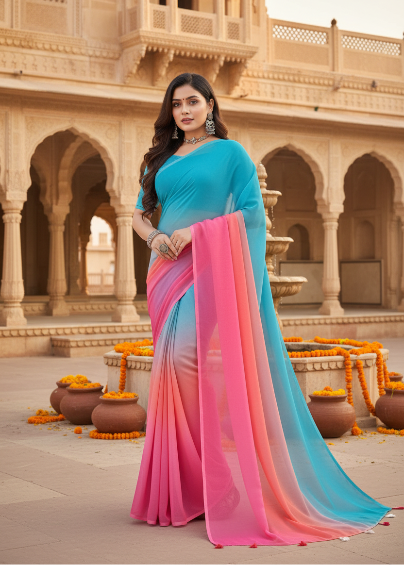 Women's georgette floral printed saree with unstitched blouse 5