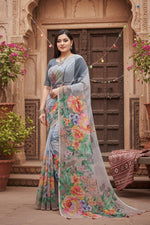 Load image into Gallery viewer, Women's Georgette Floral Printed Saree With Unstitched Blouse 5.5Mtr (Grey)