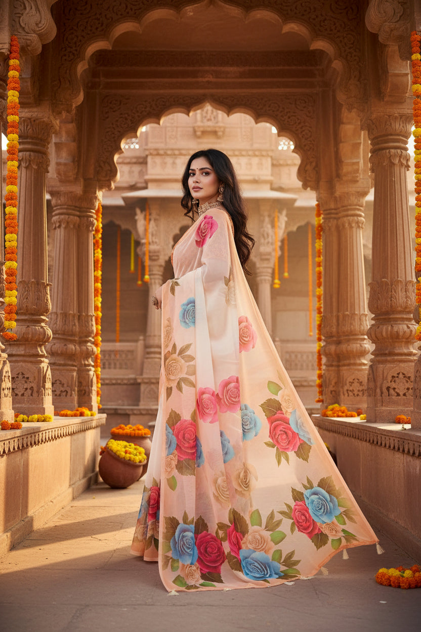Women's georgette floral printed saree with unstitched blouse 5