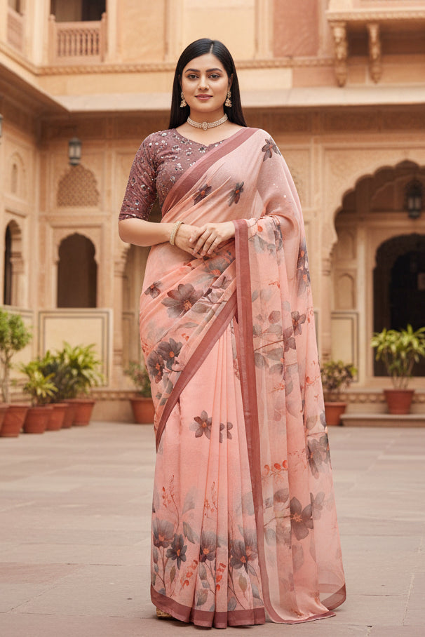 Pid 65542 women s georgette floral printed saree with unstitched blouse 5 5 mtr peach 2 1000x1000
