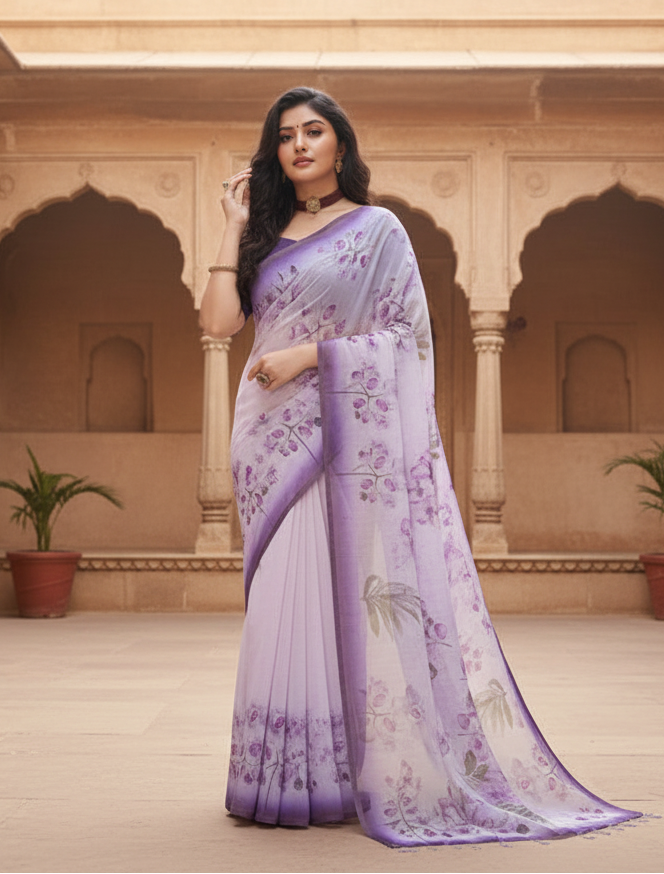 Women's georgette floral printed saree with unstitched blouse 5