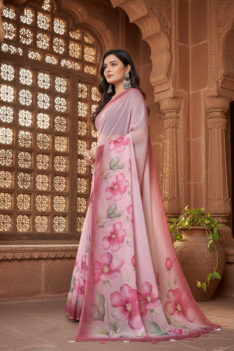 Pid 65546 women s georgette floral printed saree with unstitched blouse 5 5 mtr rose pink 2 1000x1000