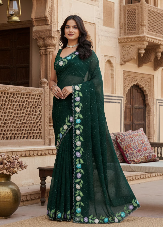 Women's georgette printed saree with unstitched blouse 5