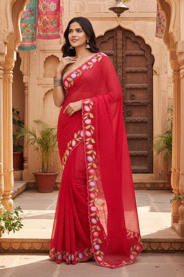 Pid 65586 women s georgette printed saree with unstitched blouse 5 5 mtr red 2 1000x1000