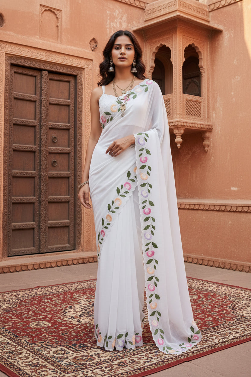 Women's georgette printed saree with unstitched blouse 5