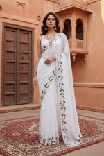 Load image into Gallery viewer, Women's Georgette Printed Saree With Unstitched Blouse 5.5Mtr (White)