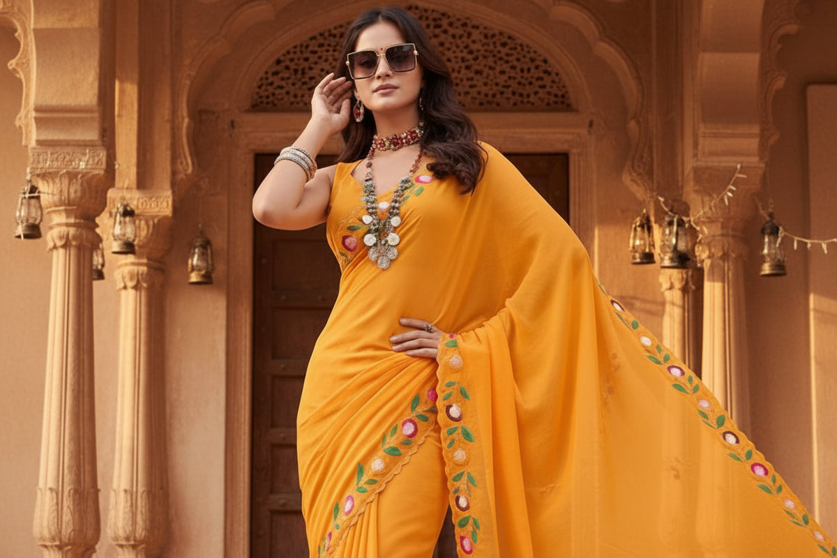 Women's georgette printed saree with unstitched blouse 5