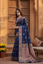 Load image into Gallery viewer, Women's Faux_Banarasi_Silk Woven Saree With Unstitched Blouse 5.5Mtr (Navy_Blue)