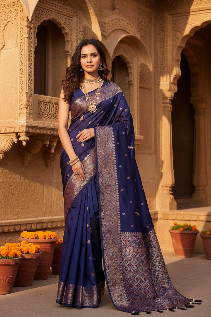 Pid 65606 women s jacquard woven saree with unstitched blouse 5 5 mtr navy 1 1000x1000