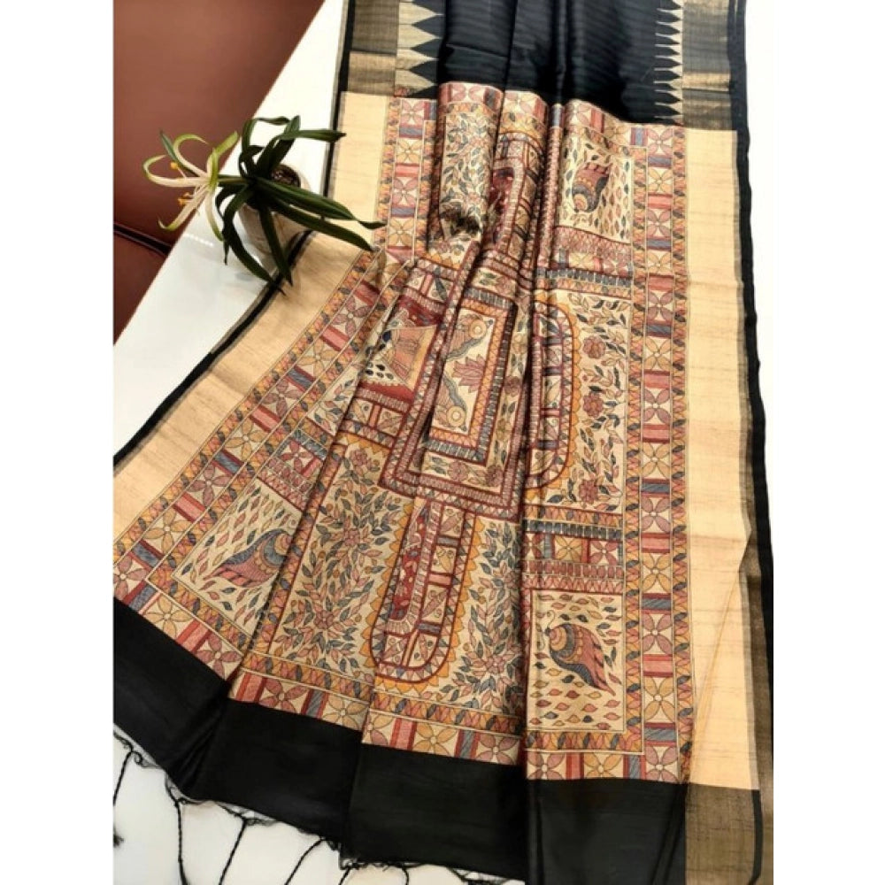 Women's tussar silk madhubani saree with unstitched blouse 5