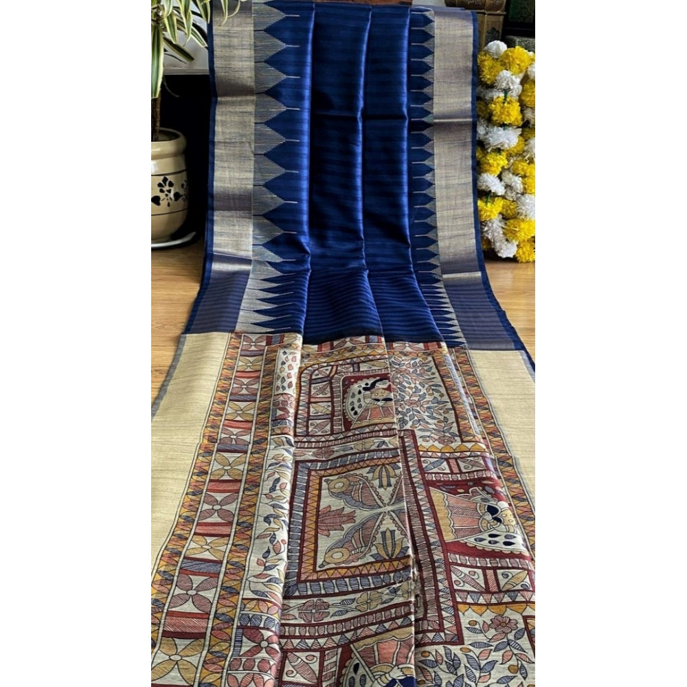 Women's tussar silk madhubani saree with unstitched blouse 5