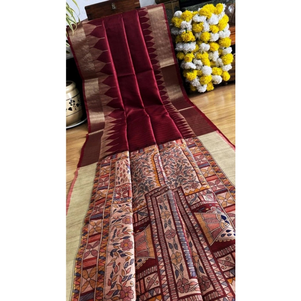 Women's tussar silk madhubani saree with unstitched blouse 5