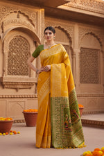 Load image into Gallery viewer, Women's Raw_Silk Woven_Motif Saree With Unstitched Blouse 5.5Mtr (Yellow)