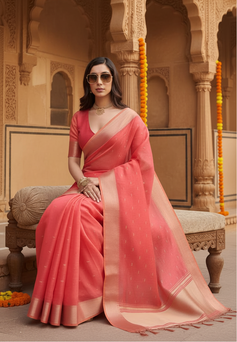 Pid 65656 generic women s silk blend butti pattern saree with unstitched blouse 5 5 mtr coral 1 1000x1000_58bf61f7 641f 4f82 86cc 137badc5cc73