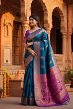 Load image into Gallery viewer, Women's Katan_Silk Zari_Weaving Saree With Unstitched Blouse 5.5Mtr (Blue)