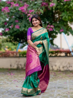Load image into Gallery viewer, Women's Katan_Silk Zari_Weaving Saree With Unstitched Blouse 5.5Mtr (Dark_Green)