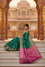 Load image into Gallery viewer, Women's Katan_Silk Zari_Weaving Saree With Unstitched Blouse 5.5Mtr (Dark_Green)