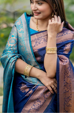 Load image into Gallery viewer, Women's Katan_Silk Zari_Weaving Saree With Unstitched Blouse 5.5Mtr (Navy_Blue)