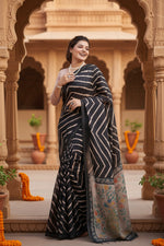 Load image into Gallery viewer, Women's Faux_Tussar_Silk Geometric_Print Saree With Unstitched Blouse 5.5Mtr (Black)