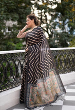 Load image into Gallery viewer, Women's Faux_Tussar_Silk Geometric_Print Saree With Unstitched Blouse 5.5Mtr (Black)