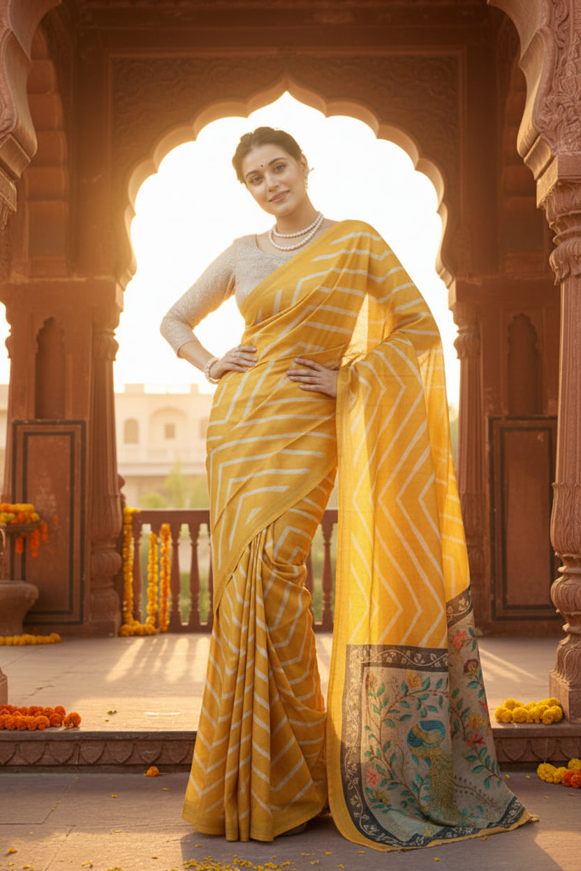 Women's faux_tussar_silk geometric_print saree with unstitched blouse 5
