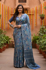 Load image into Gallery viewer, Women's Faux_Tussar_Silk Abstract_Print Saree With Unstitched Blouse 5.5Mtr (Blue)