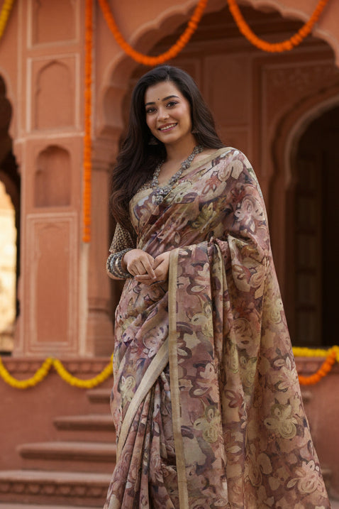 Women's faux_tussar_silk abstract_print saree with unstitched blouse 5