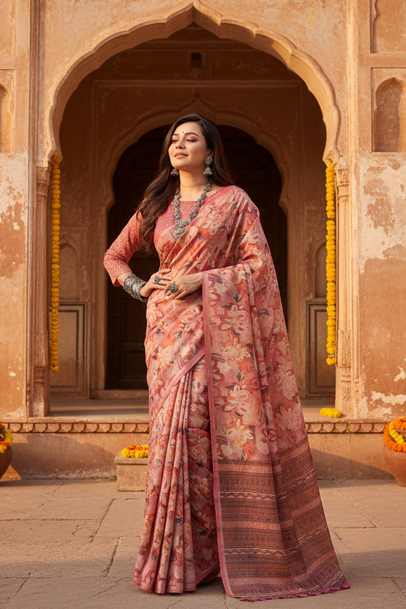 Women's faux_tussar_silk abstract_print saree with unstitched blouse 5