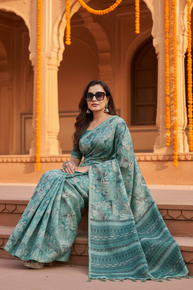 Women's faux_tussar_silk abstract_print saree with unstitched blouse 5