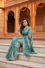 Load image into Gallery viewer, Women's Faux_Tussar_Silk Abstract_Print Saree With Unstitched Blouse 5.5Mtr (Sea_Green)
