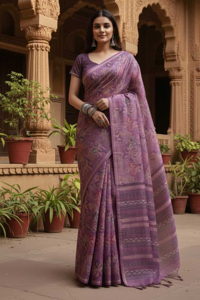 Women's faux_tussar_silk abstract_print saree with unstitched blouse 5