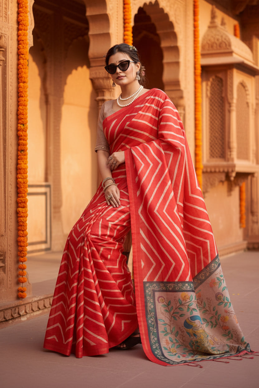 Women's faux_tussar_silk geometric_print saree with unstitched blouse 5