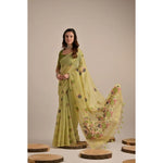 Load image into Gallery viewer, Women's Blended_Cotton Floral Motifs And Woven Buttas Saree With Unstitched Blouse 5.5Mtr (Light_Green)