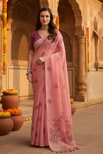 Load image into Gallery viewer, Women's Blended_Cotton Floral Motifs And Woven Buttas Saree With Unstitched Blouse 5.5Mtr (Pink)