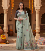 Load image into Gallery viewer, Women's Blended_Cotton Floral Motifs And Woven Buttas Saree With Unstitched Blouse 5.5Mtr (Teal)