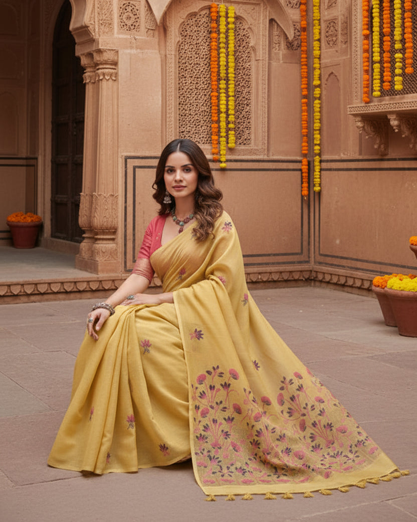 Women's blended_cotton floral saree with unstitched blouse 5