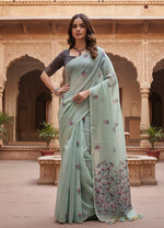 Load image into Gallery viewer, Women's Blended_Cotton Floral Saree With Unstitched Blouse 5.5Mtr (Aqua_Blue)
