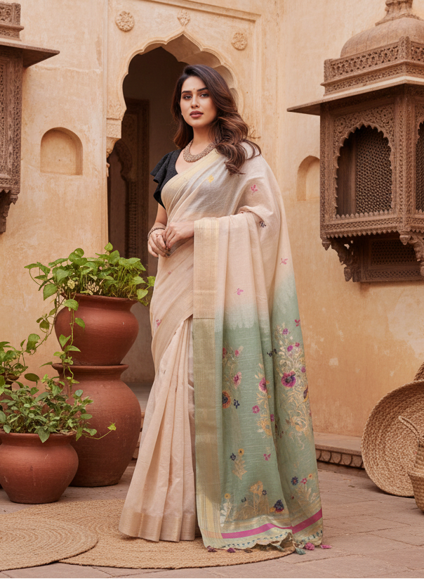 Women's blended cotton woven motifs saree with unstitched blouse 5