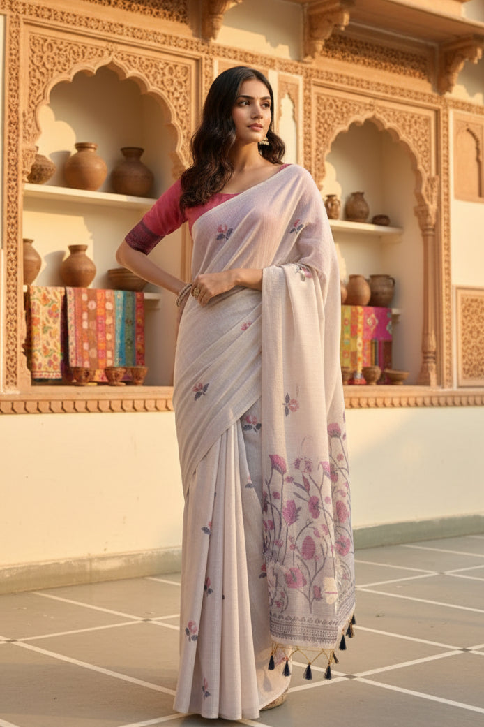 Women's blended cotton floral weaving pattern saree with unstitched blouse 5