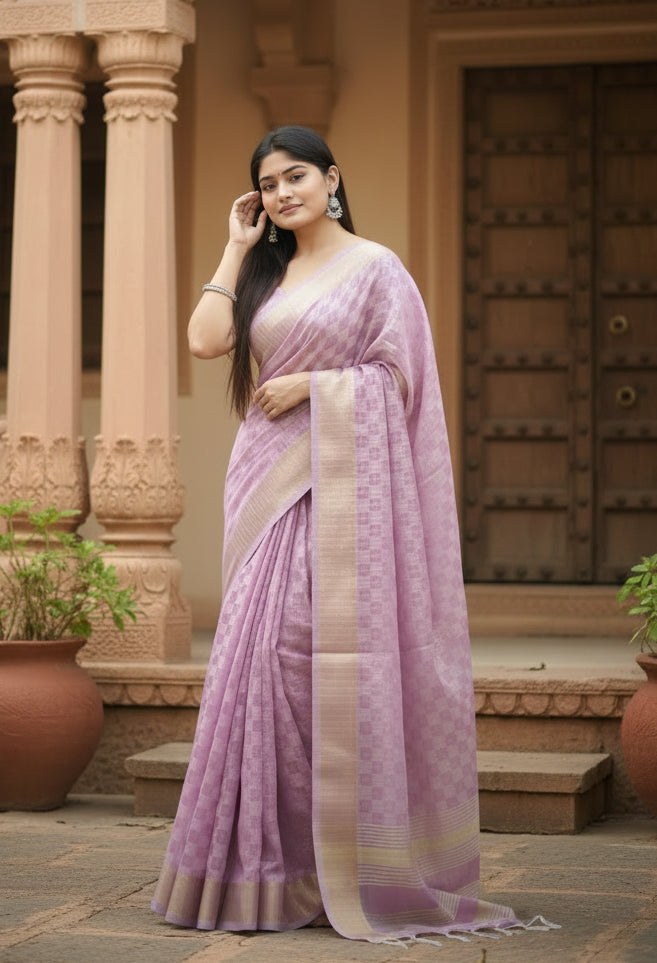 Pid 65705 generic women s silk blend checked saree with unstitched blouse 5 5 mtr lavender 2 1000x1000