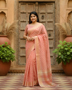 Load image into Gallery viewer, Women's Silk Blend Checked Saree With Unstitched Blouse 5.5Mtr (Peach)