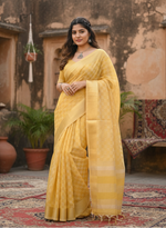 Load image into Gallery viewer, Women's Silk Blend Checked Saree With Unstitched Blouse 5.5Mtr (Yellow)