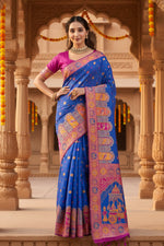 Load image into Gallery viewer, Women's Faux Banarasi Woven Motifs Saree With Unstitched Blouse 5.5Mtr (Royal_Blue)