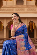 Load image into Gallery viewer, Women's Faux Banarasi Woven Motifs Saree With Unstitched Blouse 5.5Mtr (Royal_Blue)