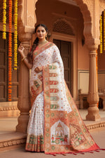 Load image into Gallery viewer, Women's Faux Banarasi Woven Motifs Saree With Unstitched Blouse 5.5Mtr (White)
