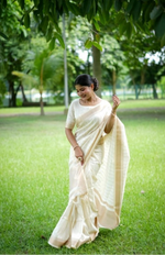 Load image into Gallery viewer, Women's Faux Banarasi Lining Pattern Saree With Unstitched Blouse 5.5Mtr (Off_White)