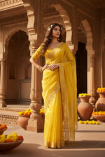 Load image into Gallery viewer, Women's Faux Banarasi Lining Pattern Saree With Unstitched Blouse 5.5Mtr (Yellow)