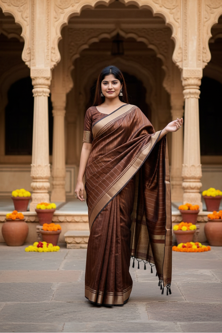Women's faux banarasi lining pattern saree with unstitched blouse 5